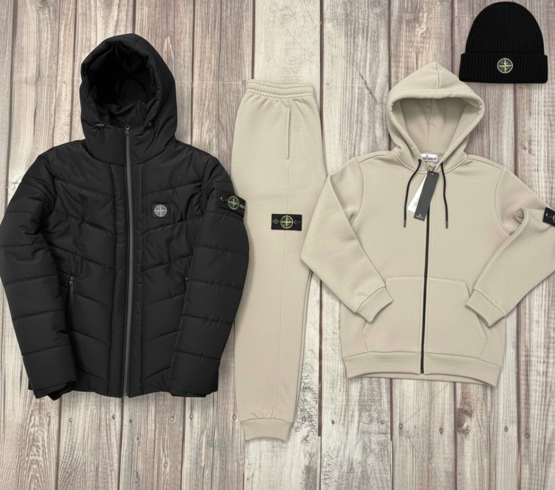 STONE™ Essential Winter Set – Puffer Jacket, Hoodie & Joggers, Beanie